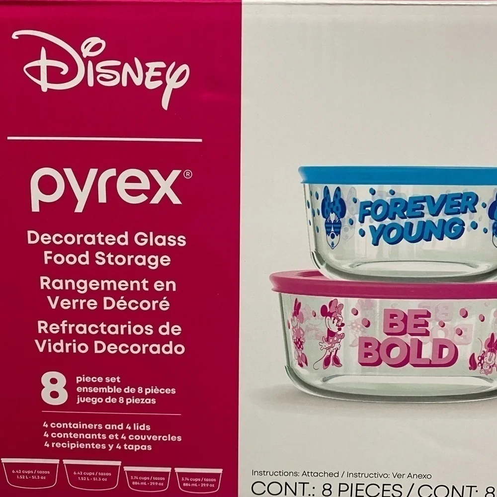 Pyrex Disney Minnie Decorated Glass Food Storage 4 Bowls plus Lids